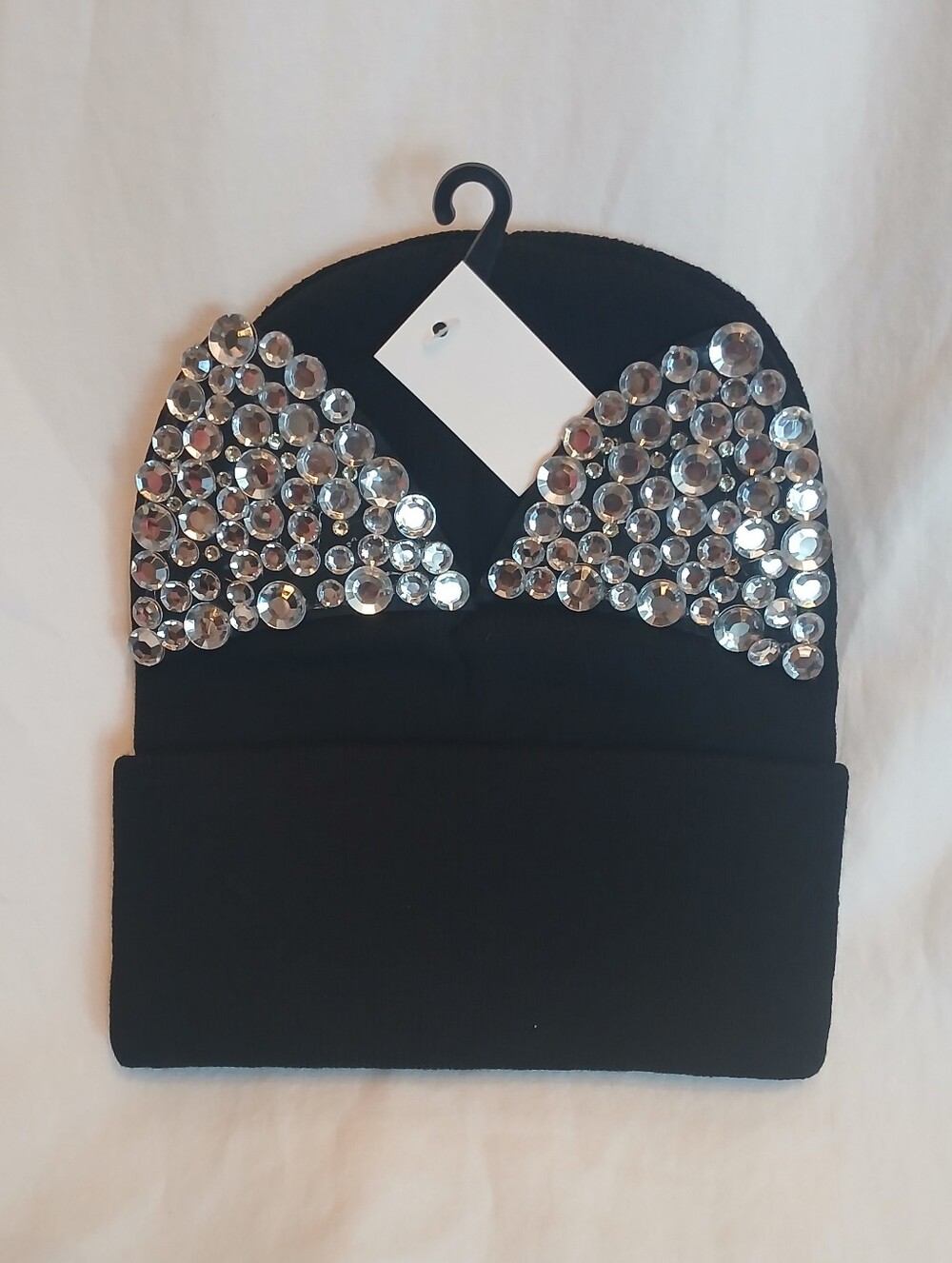 Black Knit & Clear Jeweled Cat Ear Beanie Cap Hat New!
